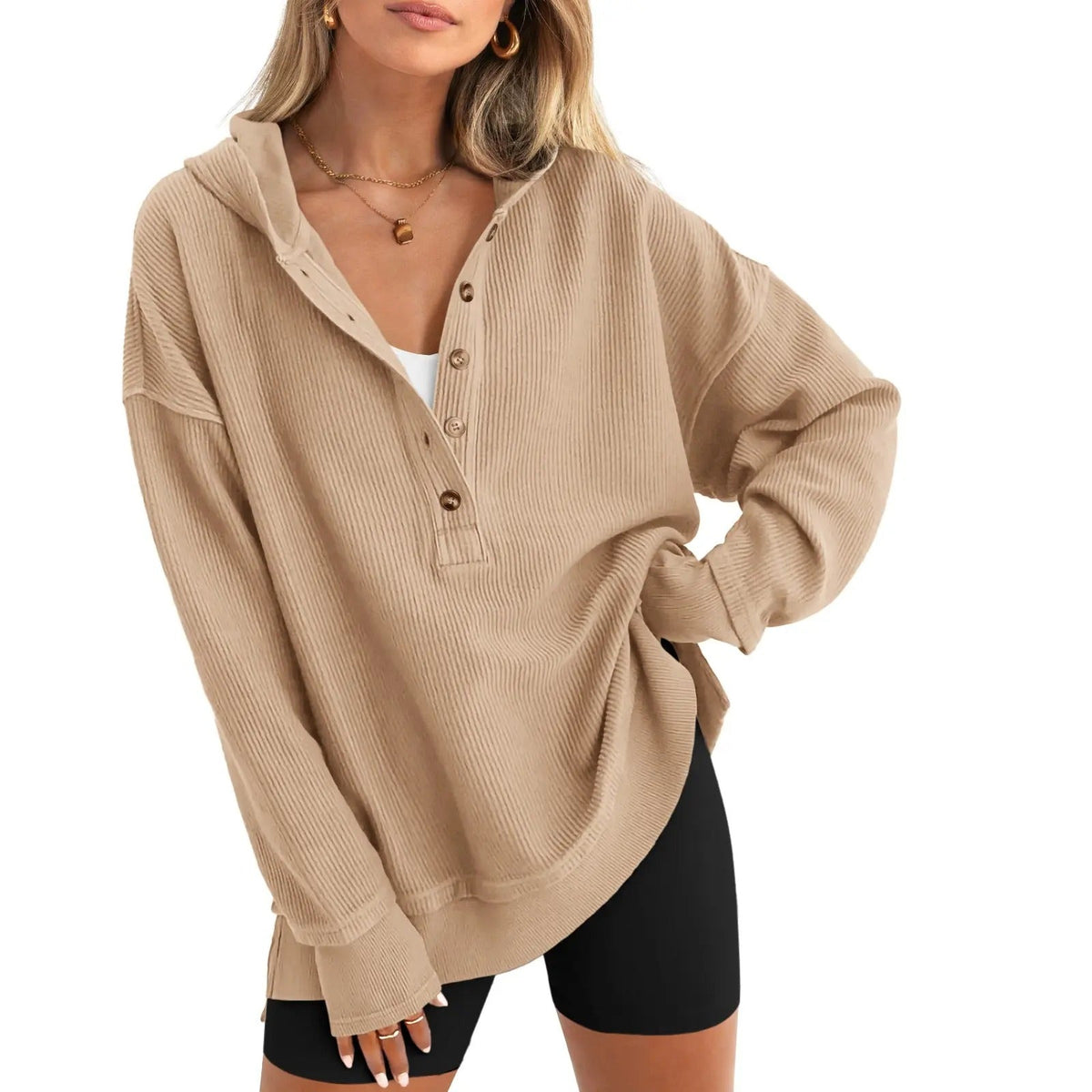 Damen Oversize Pullover mit V-Ausschnitt, Langarm und Seitenschlitzen – Lässiges Sweatshirt für Herbst