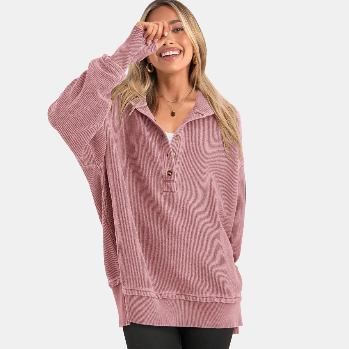 Damen Oversize Pullover mit V-Ausschnitt, Langarm und Seitenschlitzen – Lässiges Sweatshirt für Herbst