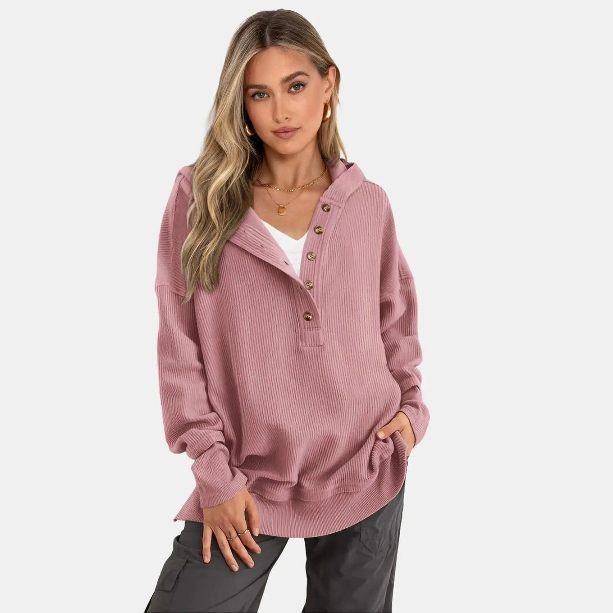 Damen Oversize Pullover mit V-Ausschnitt, Langarm und Seitenschlitzen – Lässiges Sweatshirt für Herbst